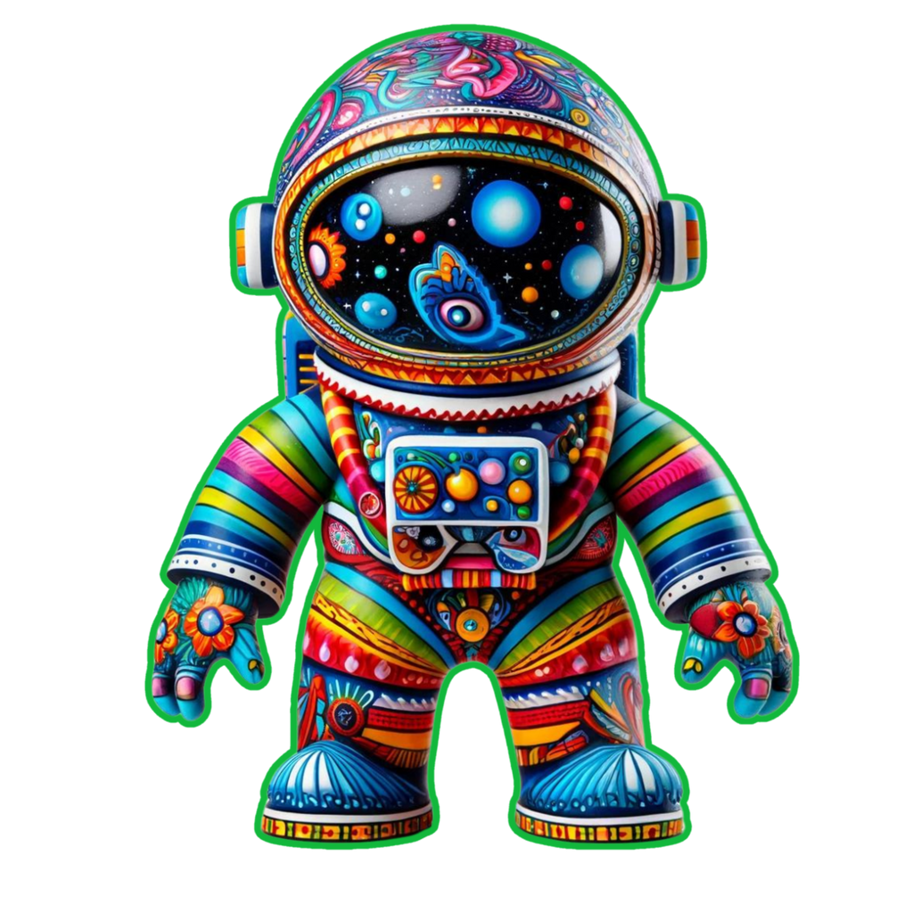 Alebrije astronaut graphic t-shirt inspired by Mexican folk art and cosmic space aesthetics