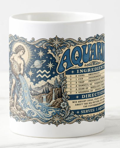 Coffee mug with Blue-and-cream Aquarius artwork with a water bearer on the left, zodiac personality recipe on the right, and ornate celestial borders.