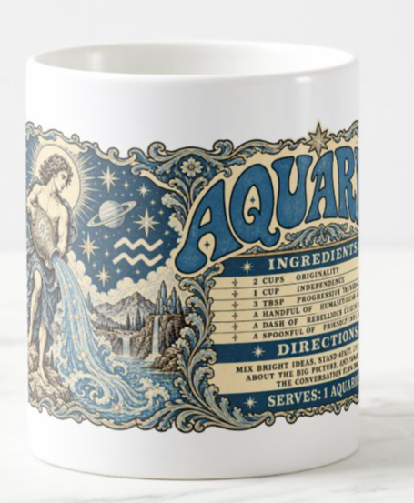 Blue-and-cream Aquarius artwork with a water bearer on the left, zodiac recipe text on the right, and an ornate border featuring suns and stars.