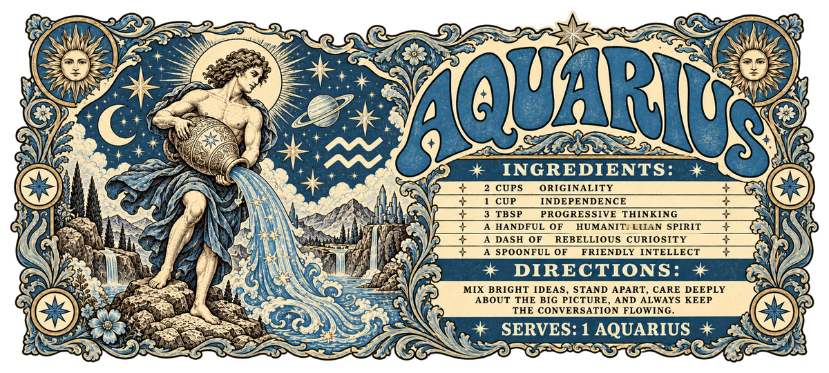 Vertical vintage-style Aquarius poster with a water bearer pouring from an urn, celestial symbols, an ornate floral border, and a personality recipe below.intage-style Aquarius poster with a water bearer pouring from an urn, celestial symbols, an ornate floral border, and a personality recipe below.
