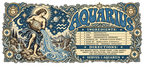 Vertical vintage-style Aquarius poster with a water bearer pouring from an urn, celestial symbols, an ornate floral border, and a personality recipe below.intage-style Aquarius poster with a water bearer pouring from an urn, celestial symbols, an ornate floral border, and a personality recipe below.