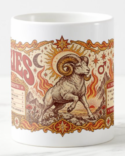 Coffee mug featuring vintage Aries artwork with a leaping ram, flames, sun and moon motifs, and a playful zodiac recipe in rust red, gold, and cream.