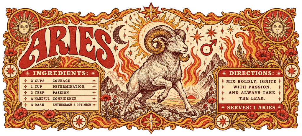 Vertical vintage Aries illustration with bold lettering above a leaping ram, sun halo, mountains, flames, celestial motifs, and a personality recipe below.