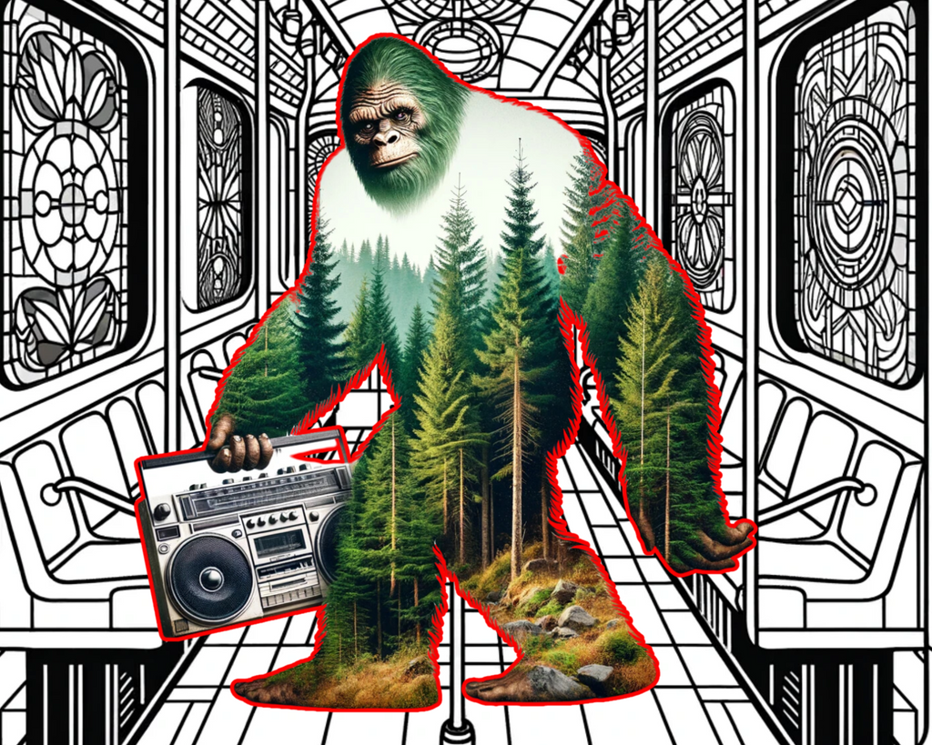 Funny Bigfoot boombox graphic t-shirt inspired by underground music and retro hip hop culture