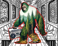 Funny Bigfoot boombox graphic t-shirt inspired by underground music and retro hip hop culture