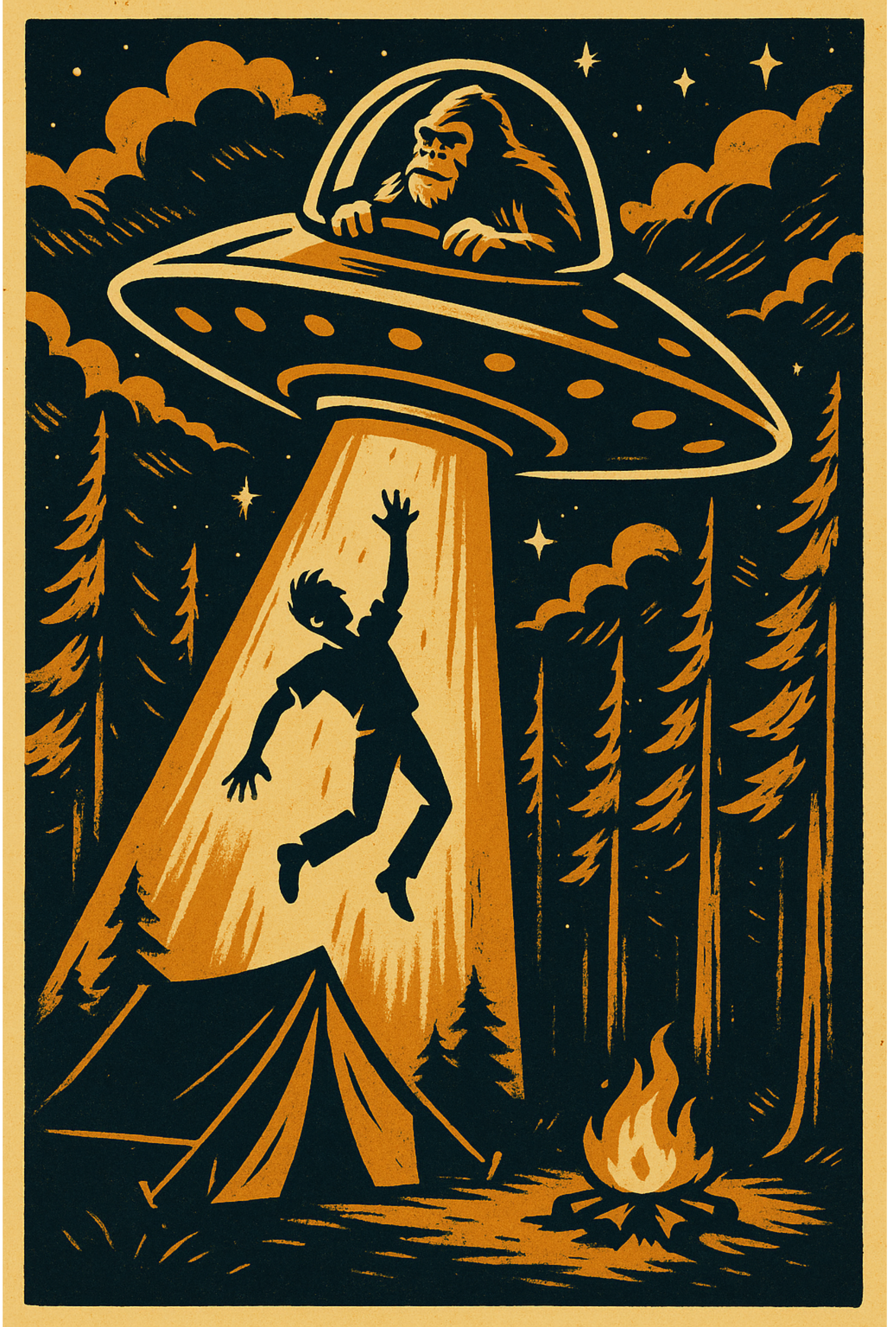Funny Bigfoot and UFO camping graphic t-shirt for cryptid fans and campers