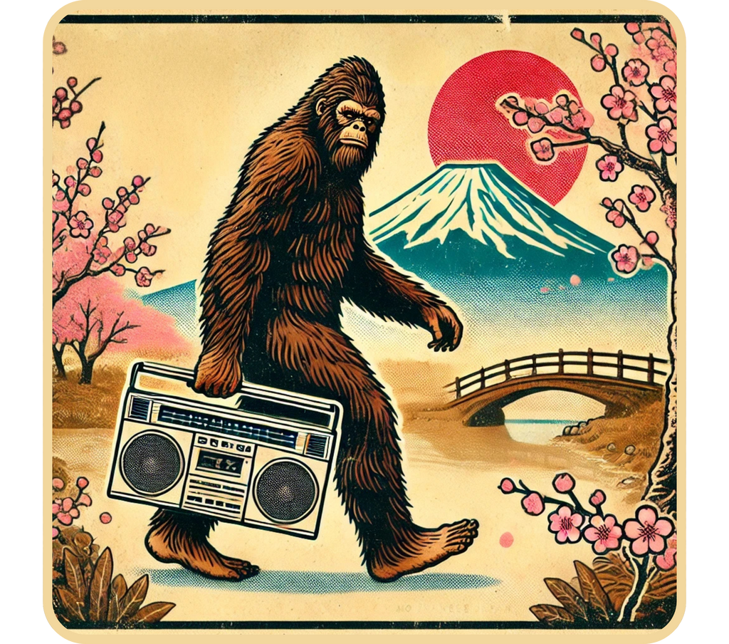 Japanese Bigfoot graphic t-shirt with retro boombox streetwear design
