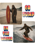 Bigfoot Surfs vintage collage featuring Bigfoot with a red lightning-bolt surfboard, surfing in Southern California, with “Go Jump in the Water” catchphrase. 