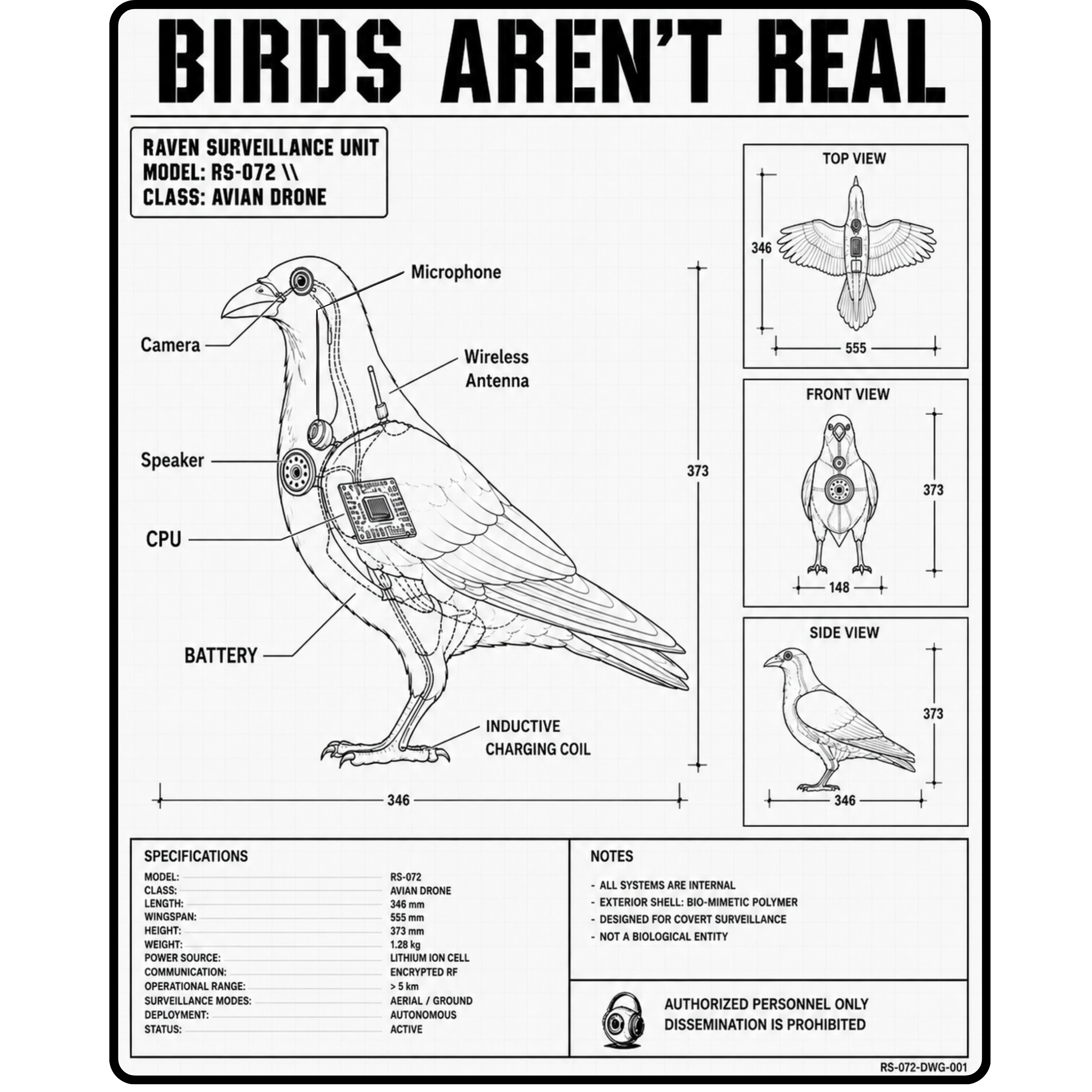 Birds Aren’t Real raven drone graphic t-shirt with conspiracy blueprint schematic design
