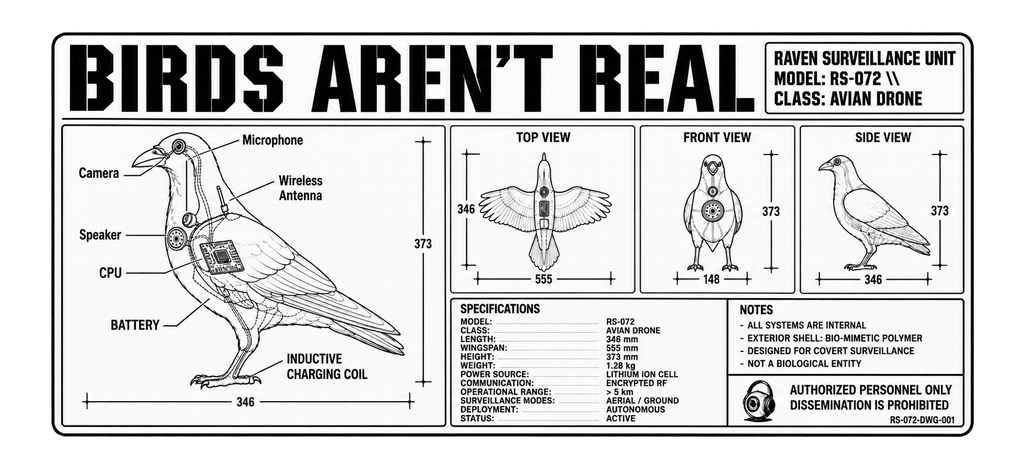 Wide black-and-white “Birds Aren’t Real” artwork showing an annotated raven surveillance drone, three technical views, specifications, and a personnel warning.