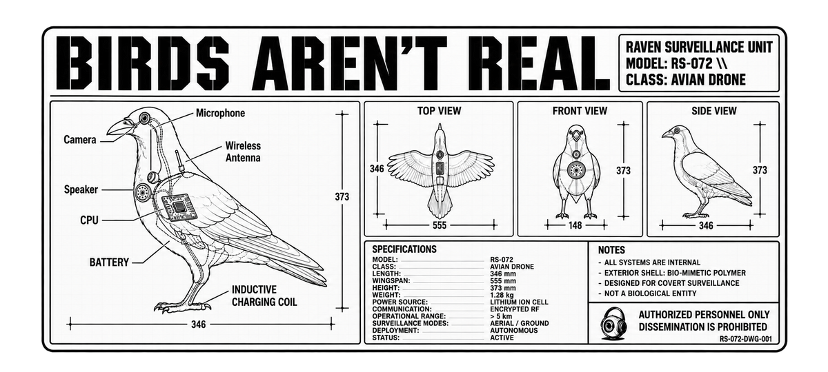 Wide black-and-white “Birds Aren’t Real” artwork showing an annotated raven surveillance drone, three technical views, specifications, and a personnel warning.