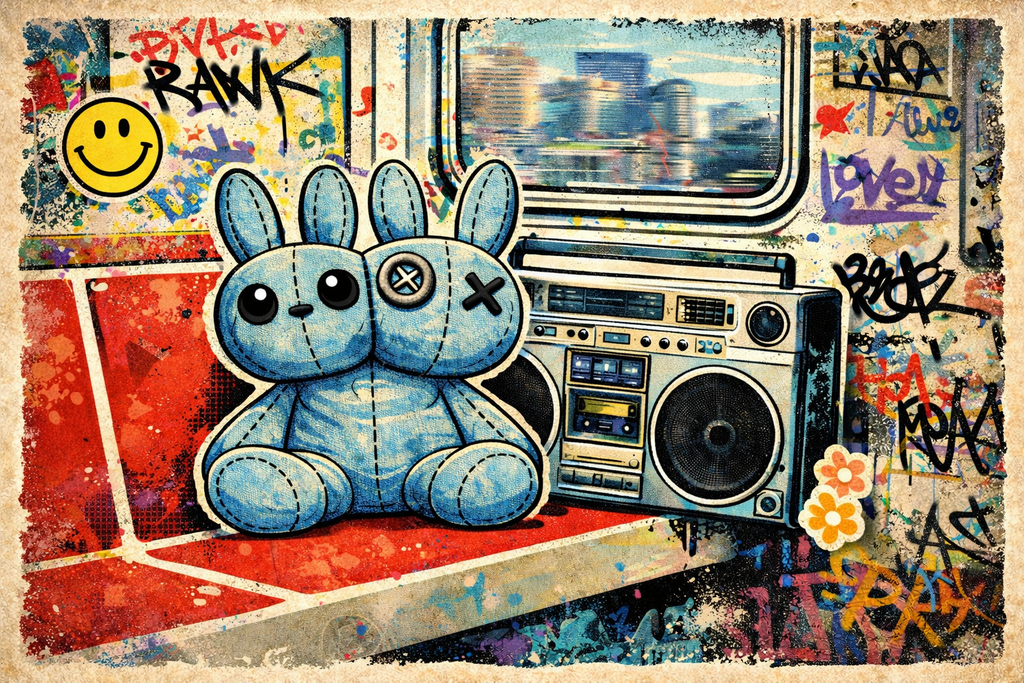 Button X on the Train graphic t-shirt inspired by graffiti art underground music and urban nostalgia