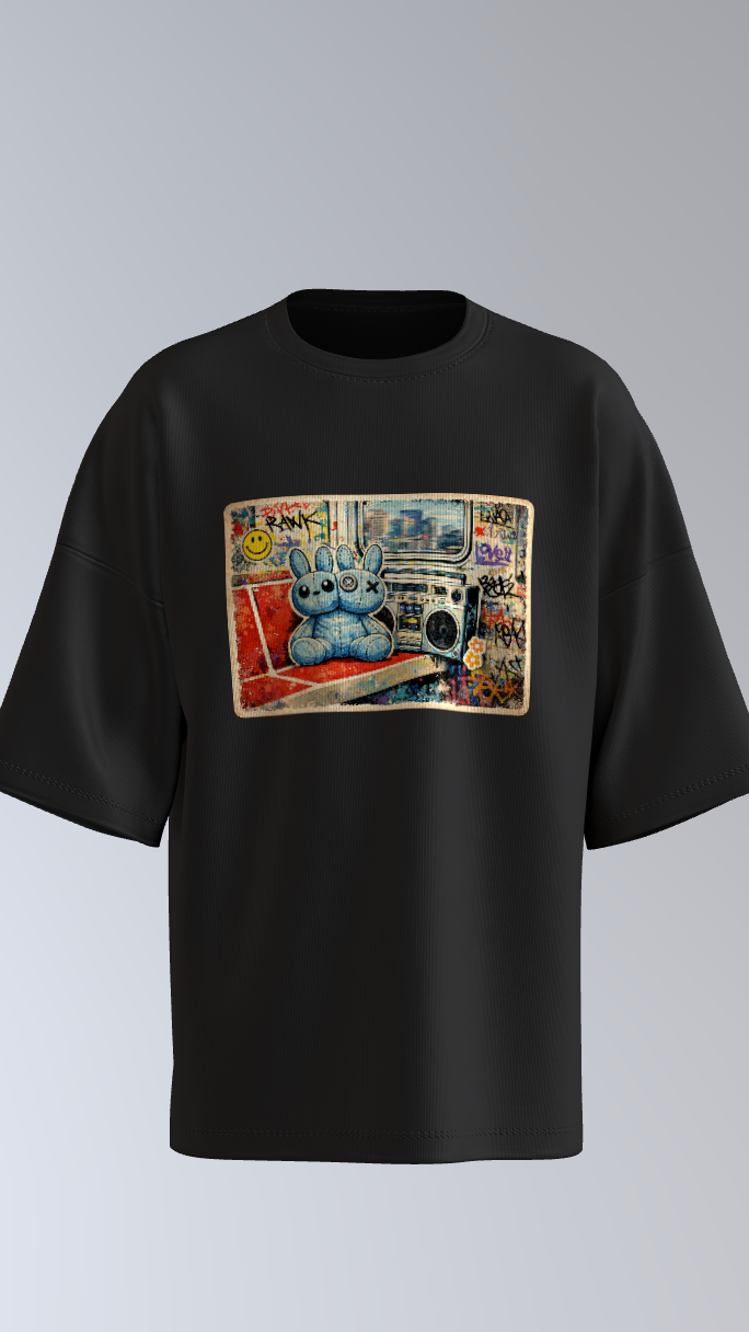 Urban bunny shirt with boombox subway art and streetwear aesthetic