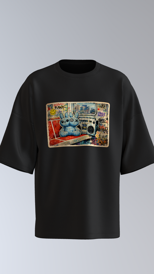 Urban bunny shirt with boombox subway art and streetwear aesthetic