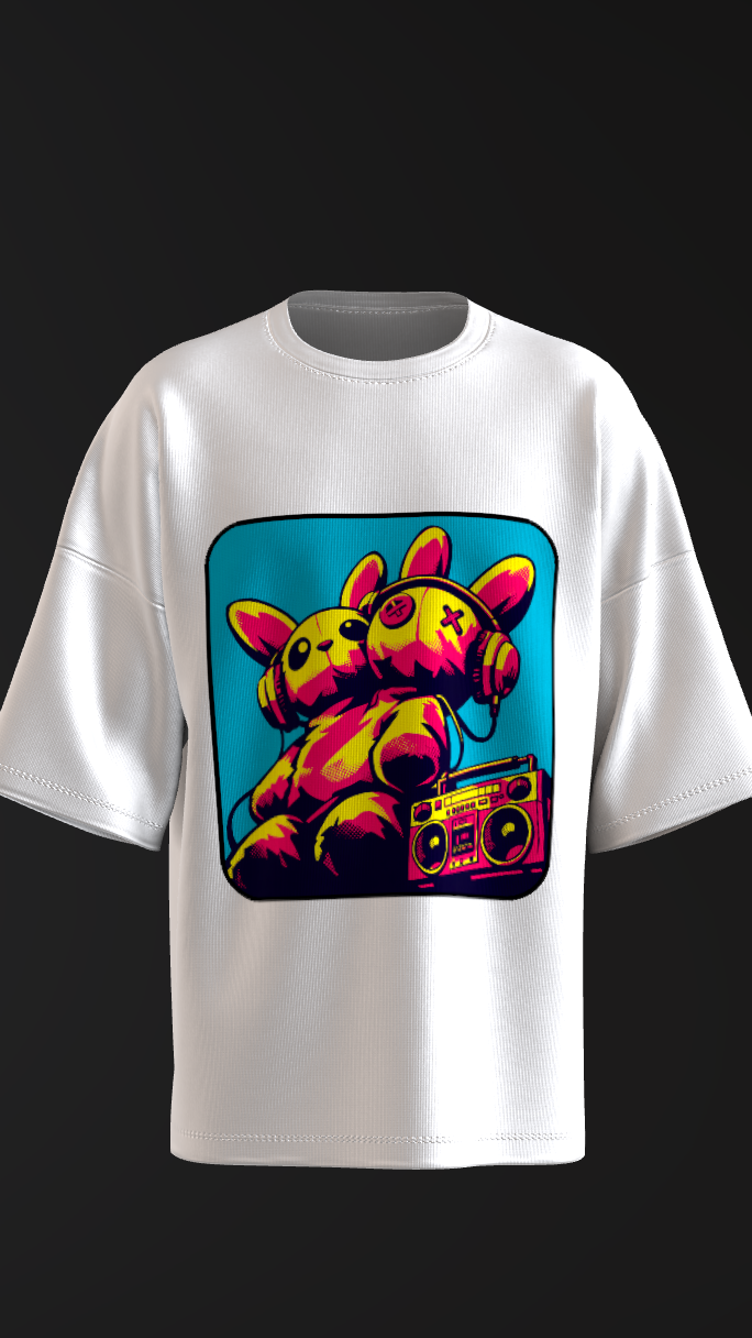 Cute punk bunny shirt with headphones boombox and rave-inspired aesthetic