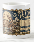 Coffee mug featuring vintage Cancer zodiac artwork with a crab, full moon, coastal scenery, and personality recipe in navy and warm gold tones.