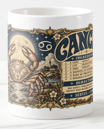 Coffee mug featuring vintage Cancer zodiac artwork with a crab, full moon, coastal scenery, and personality recipe in navy and warm gold tones.