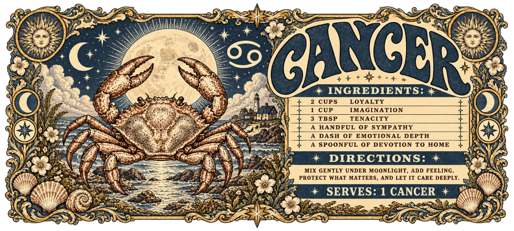 Vertical vintage Cancer zodiac illustration featuring a crab beneath a full moon, a seaside landscape, ornate celestial border, and personality recipe.