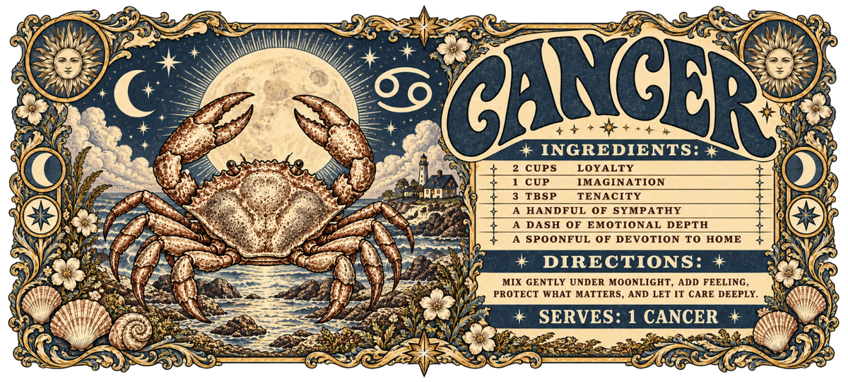 Vertical vintage Cancer zodiac illustration featuring a crab beneath a full moon, a seaside landscape, ornate celestial border, and personality recipe.