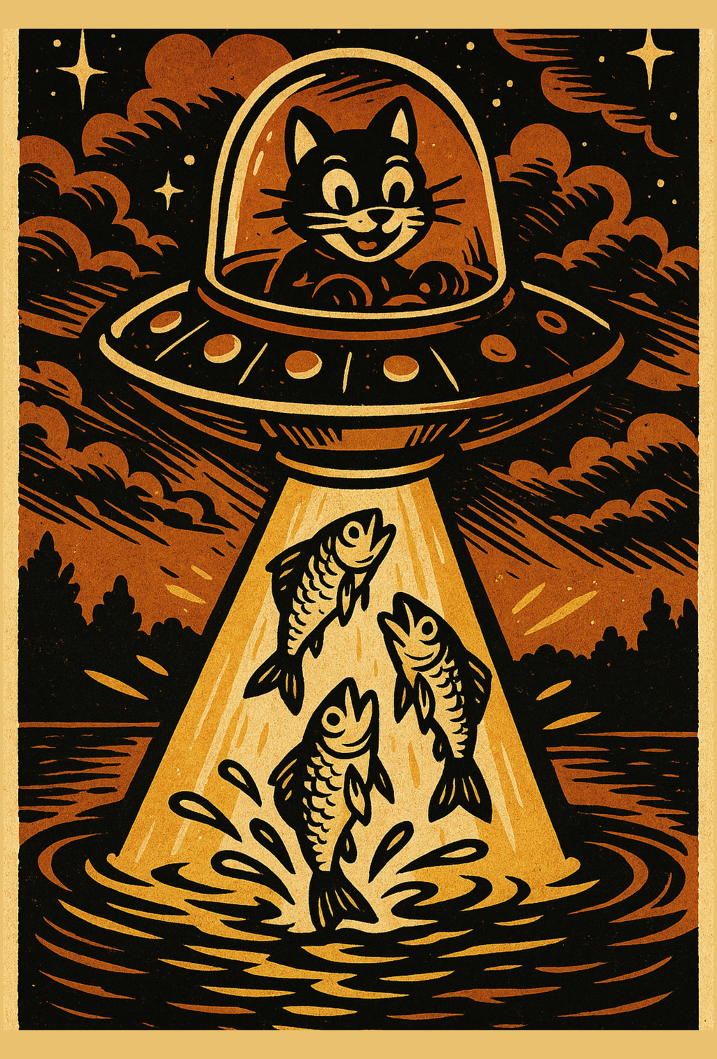 Funny UFO cat graphic t-shirt with alien fishing design over forest lake