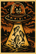 Funny UFO cat graphic t-shirt with alien fishing design over forest lake