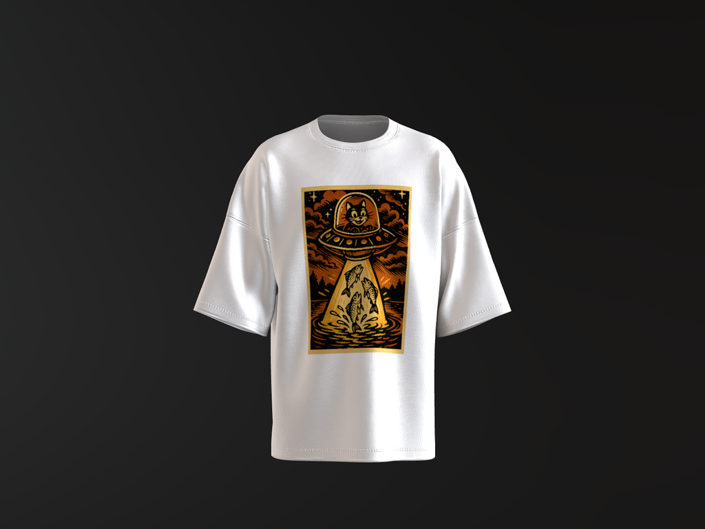 Cat’s Interstellar Fishing Trip shirt inspired by camping, fishing, and UFO humor