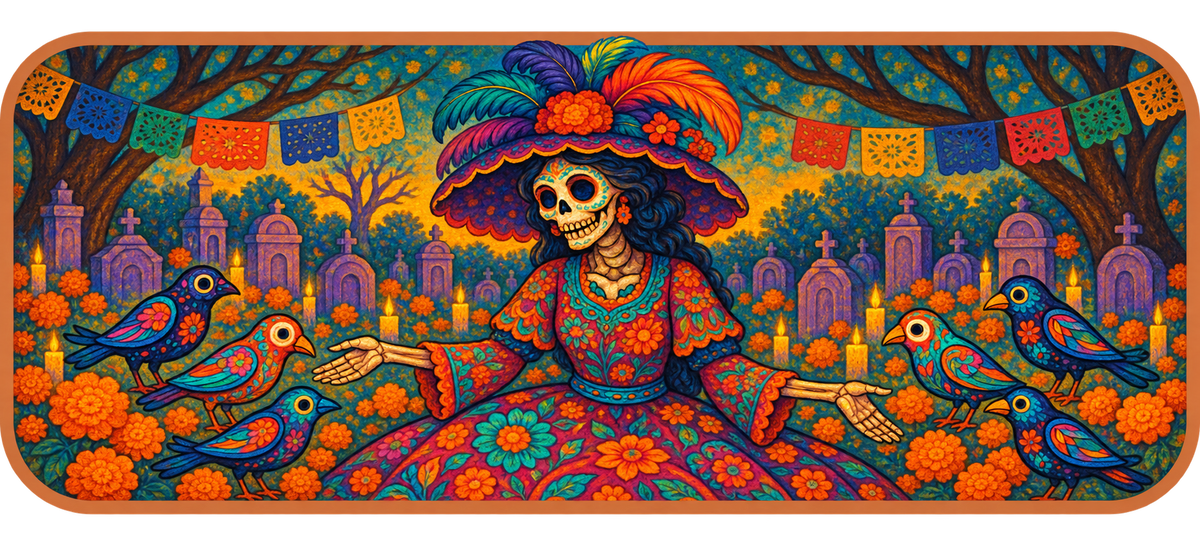 Wide Mexican folk-art illustration of Catrina in a feathered hat, surrounded by six colorful birds, marigolds, candles, and purple gravestones.