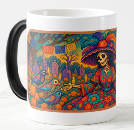 Coffee mug featuring colorful Catrina artwork with a feathered hat, floral dress, birds, marigolds, and a Día de los Muertos cemetery scene.