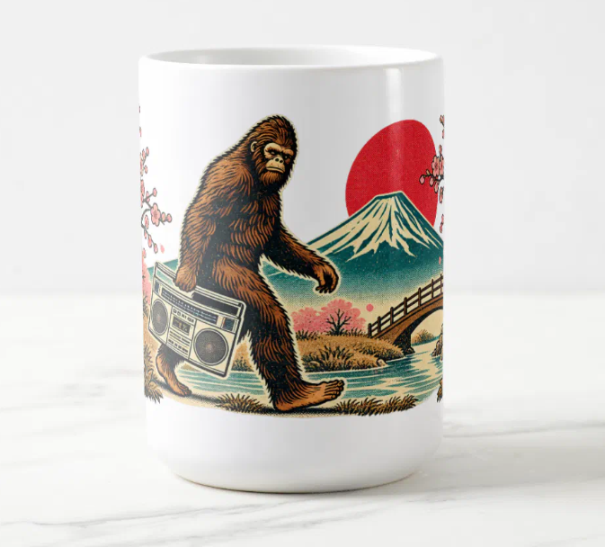 Coffee mug featuring vintage-style Bigfoot artwork with a boombox, pink cherry blossoms, Mount Fuji, and a red sun.