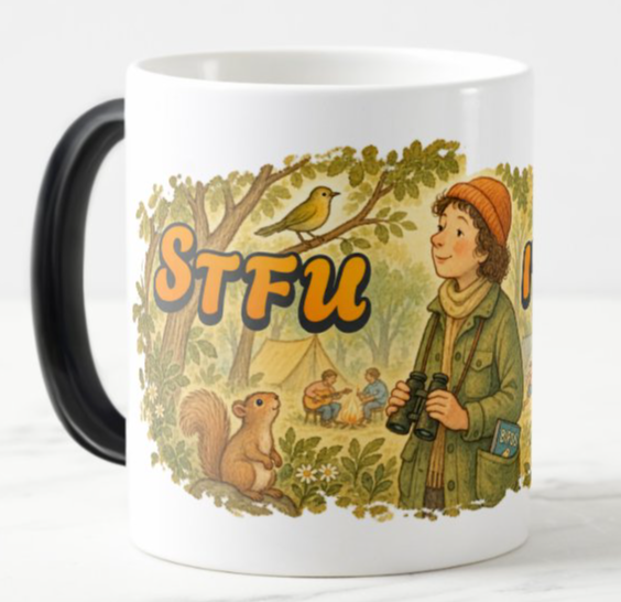 Coffee mug featuring “STFU, I’m Birding” in orange lettering beside a vintage woodland illustration of a woman with binoculars, a bird, and a squirrel.