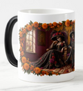 Día de los Muertos couple in ornate black clothing seated on gold thrones, framed by orange marigolds, with a window, skeleton, fishbowl, and illustrated cards.