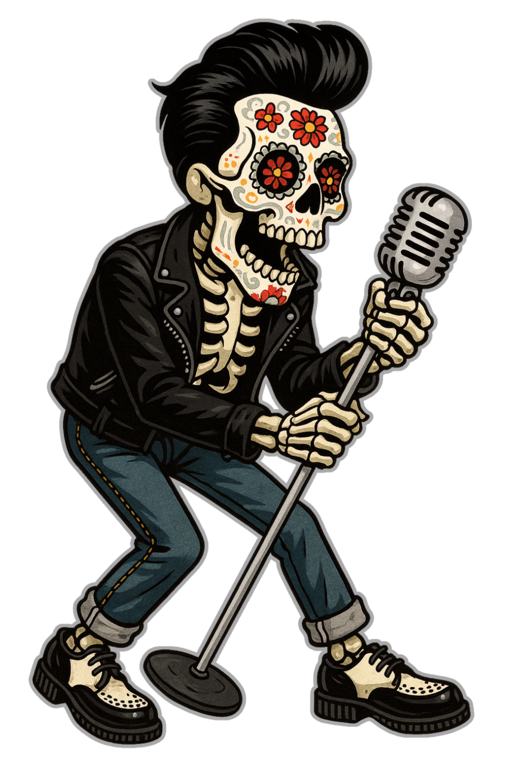 Retro rockabilly skeleton singer graphic t-shirt inspired by vintage rock and roll culture