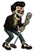 Retro rockabilly skeleton singer graphic t-shirt inspired by vintage rock and roll culture
