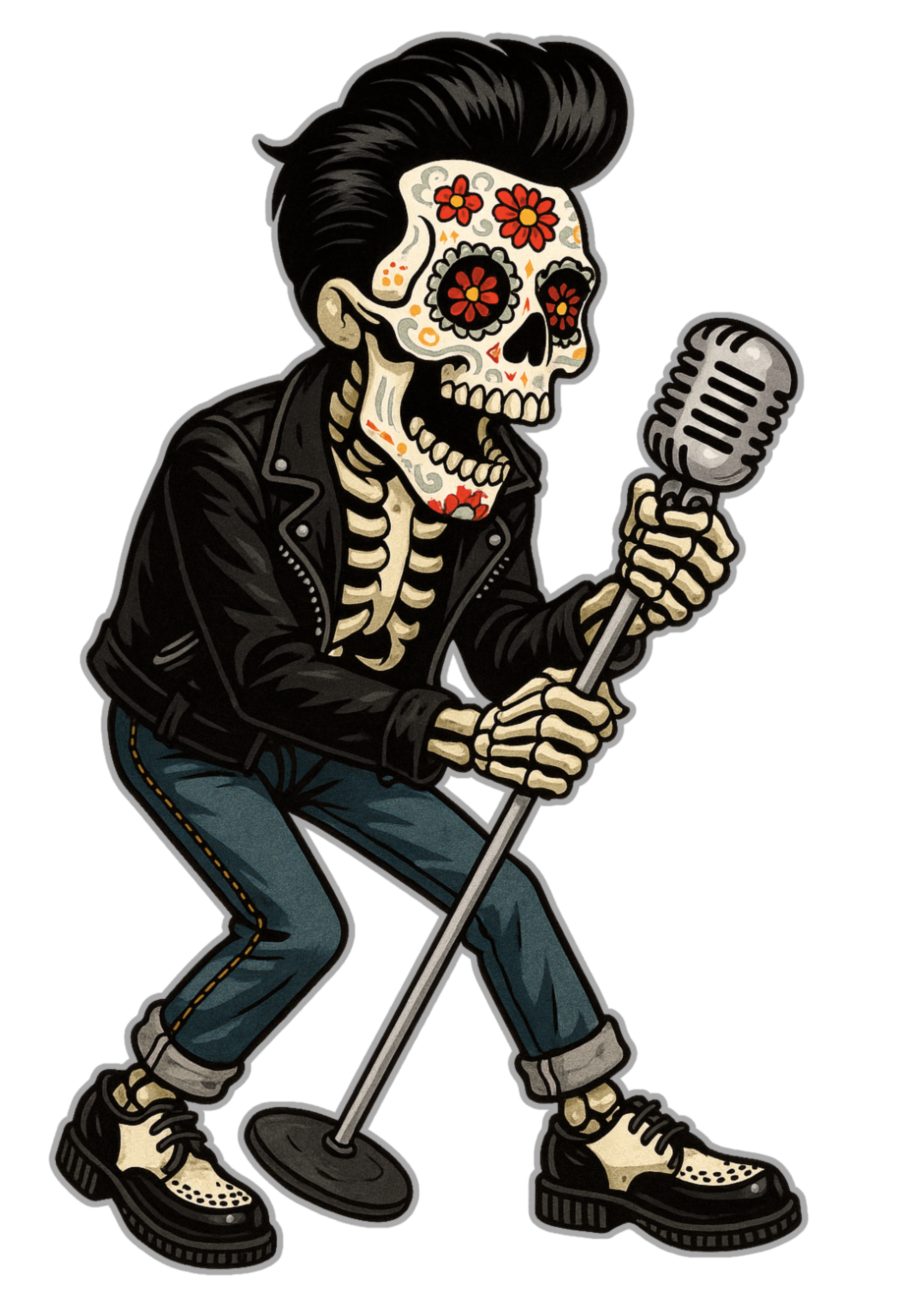 Retro rockabilly skeleton singer graphic t-shirt inspired by vintage rock and roll culture