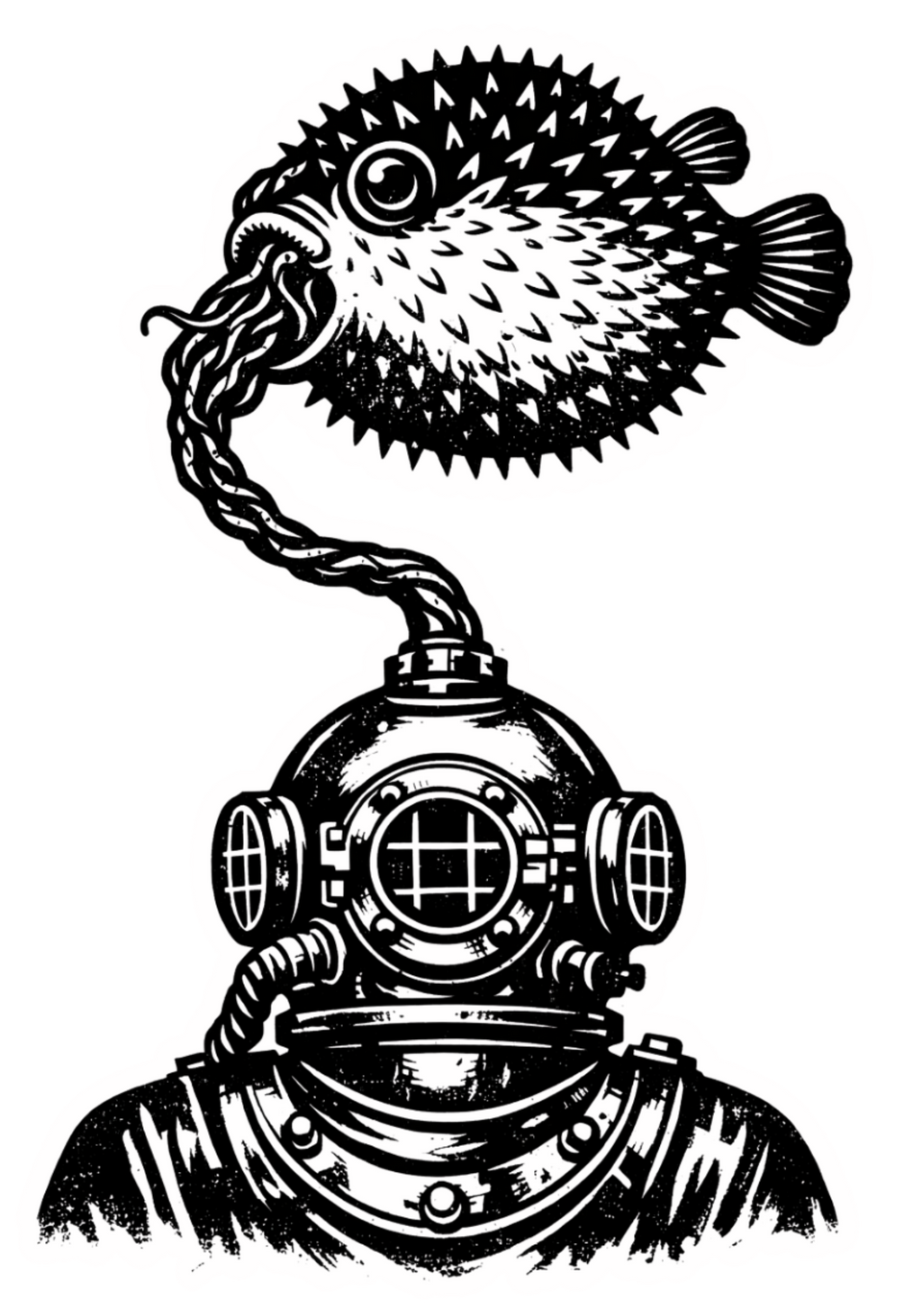 Survive graphic t-shirt featuring surreal pufferfish and vintage diving helmet artwork