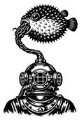 Survive graphic t-shirt featuring surreal pufferfish and vintage diving helmet artwork