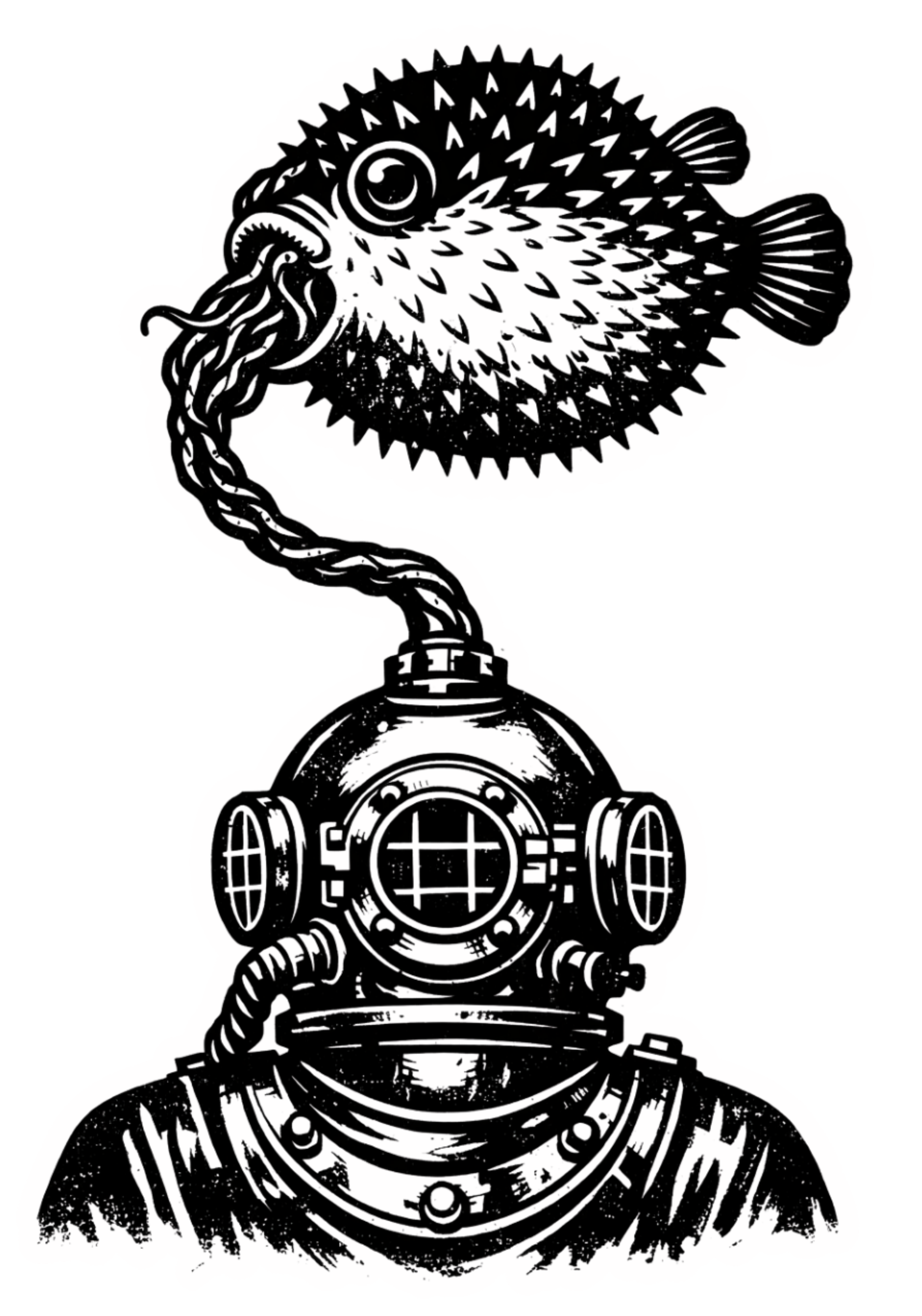 Survive graphic t-shirt featuring surreal pufferfish and vintage diving helmet artwork