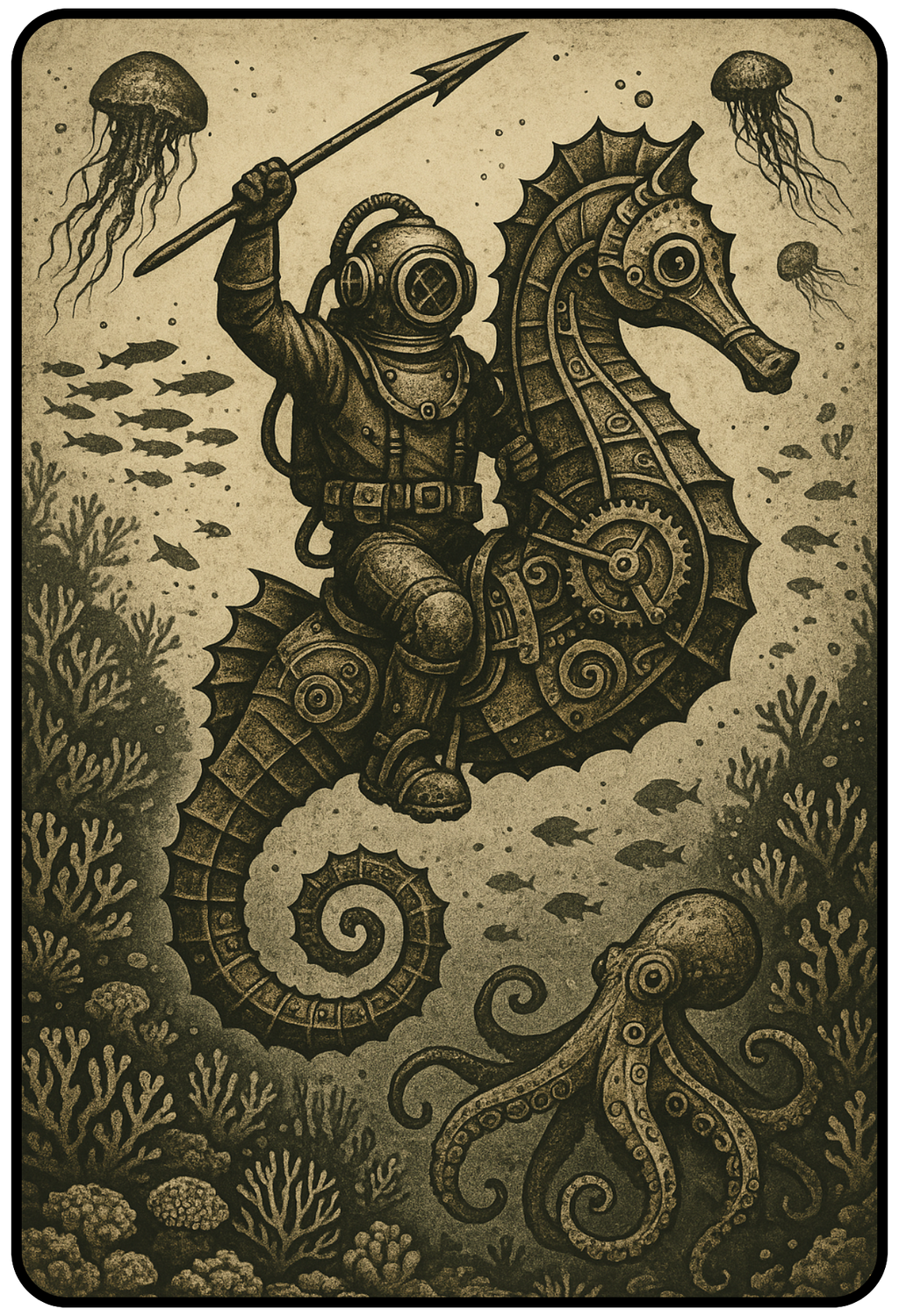 Steampunk seahorse diver graphic t-shirt inspired by Victorian ocean fantasy
