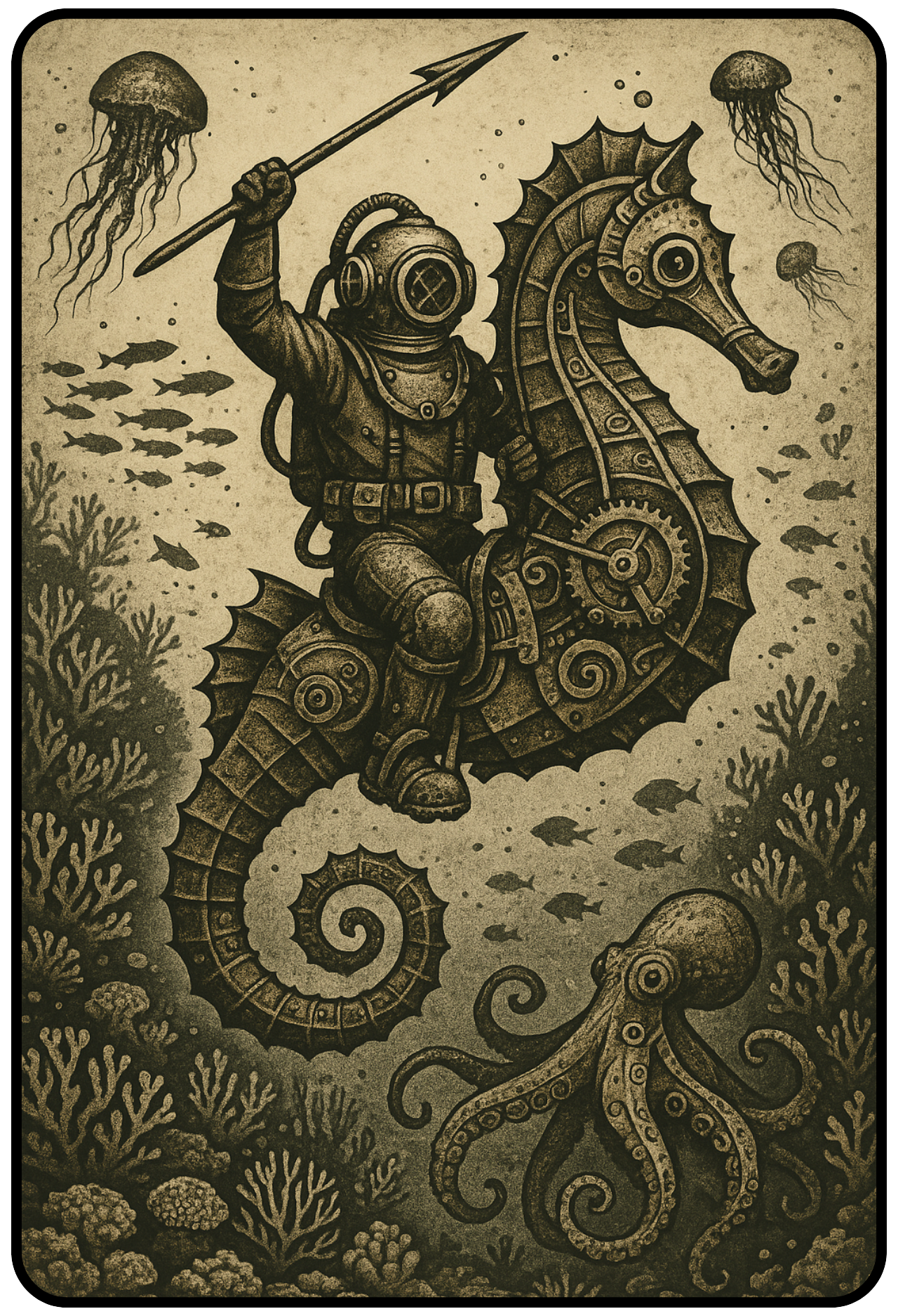Steampunk seahorse diver graphic t-shirt inspired by Victorian ocean fantasy