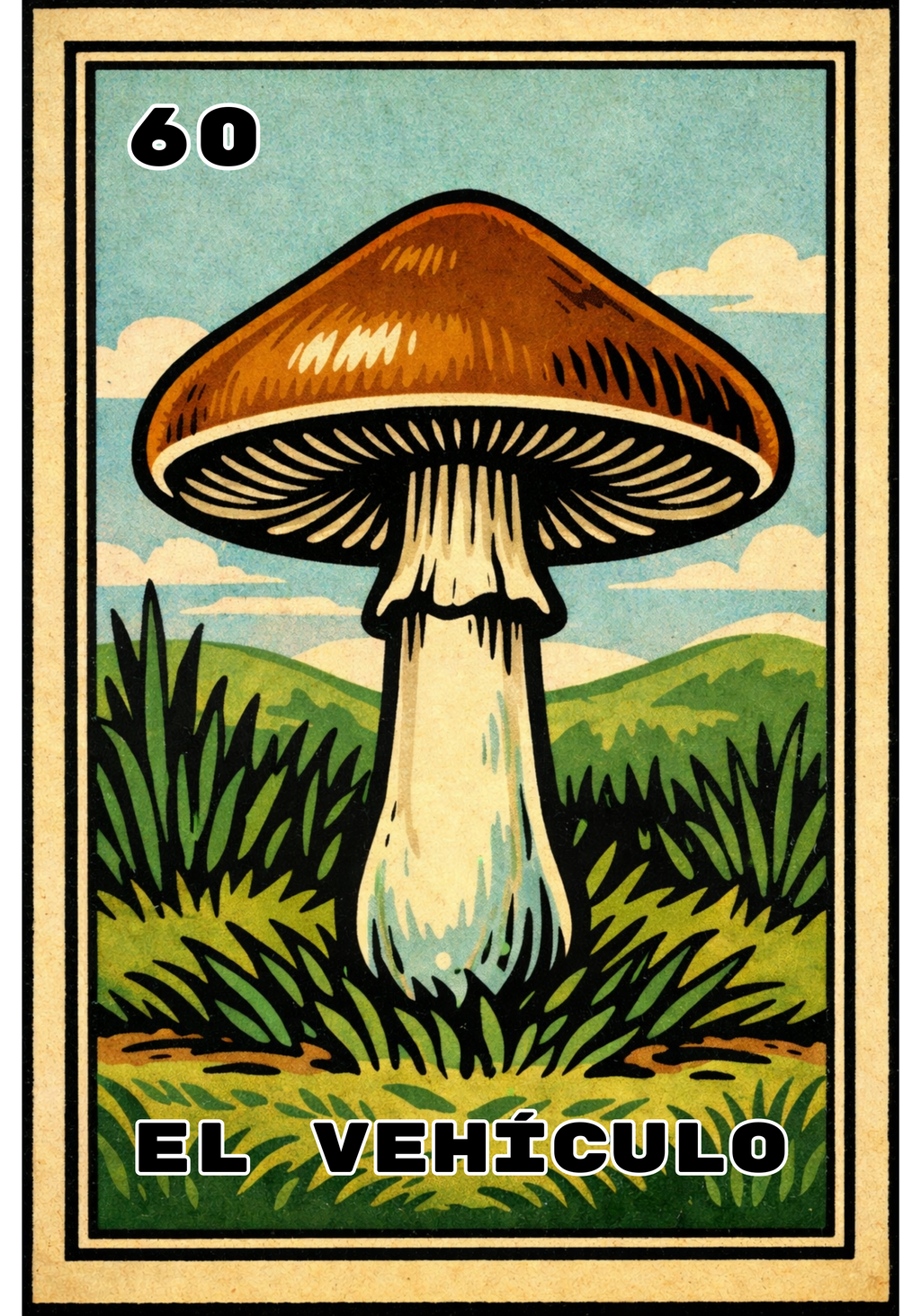 El Vehículo mushroom graphic t-shirt inspired by retro Lotería card art and folk illustration