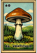 El Vehículo mushroom graphic t-shirt inspired by retro Lotería card art and folk illustration