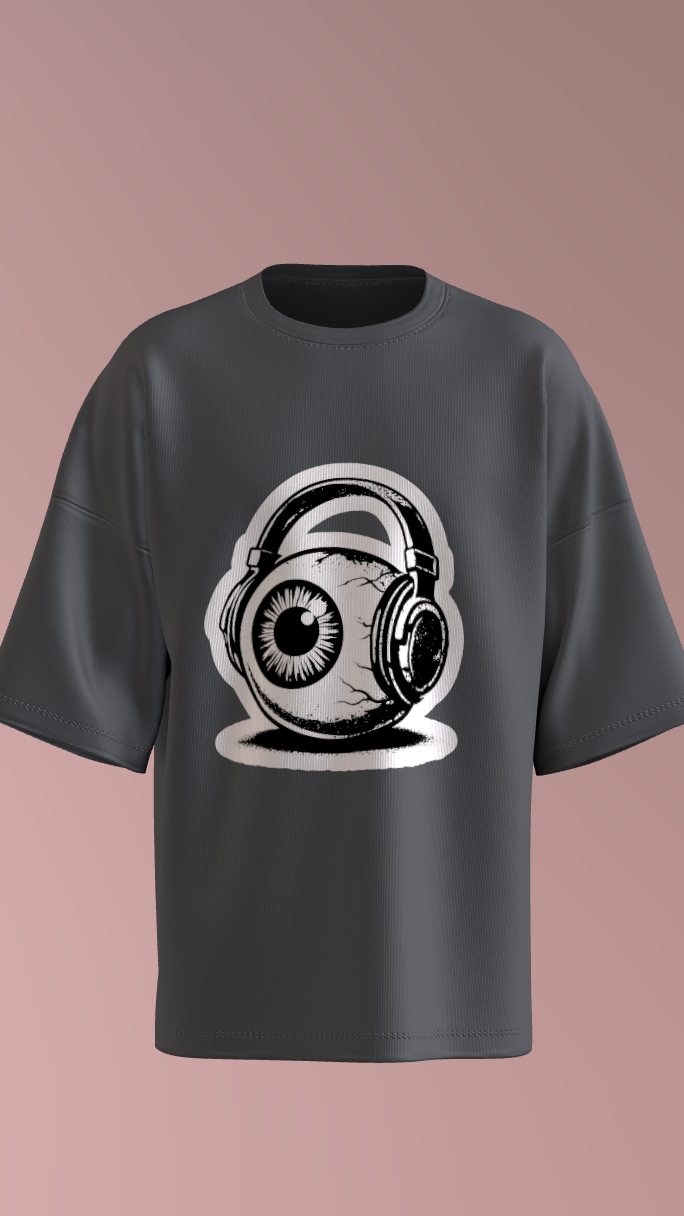 Headphones eyeball shirt with punk-inspired indie radio aesthetic