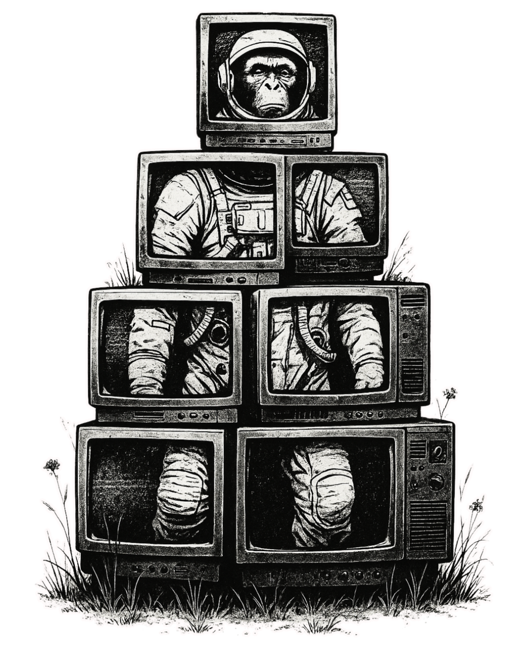 Retro sci-fi monkey graphic t-shirt with boombox and space art aesthetic