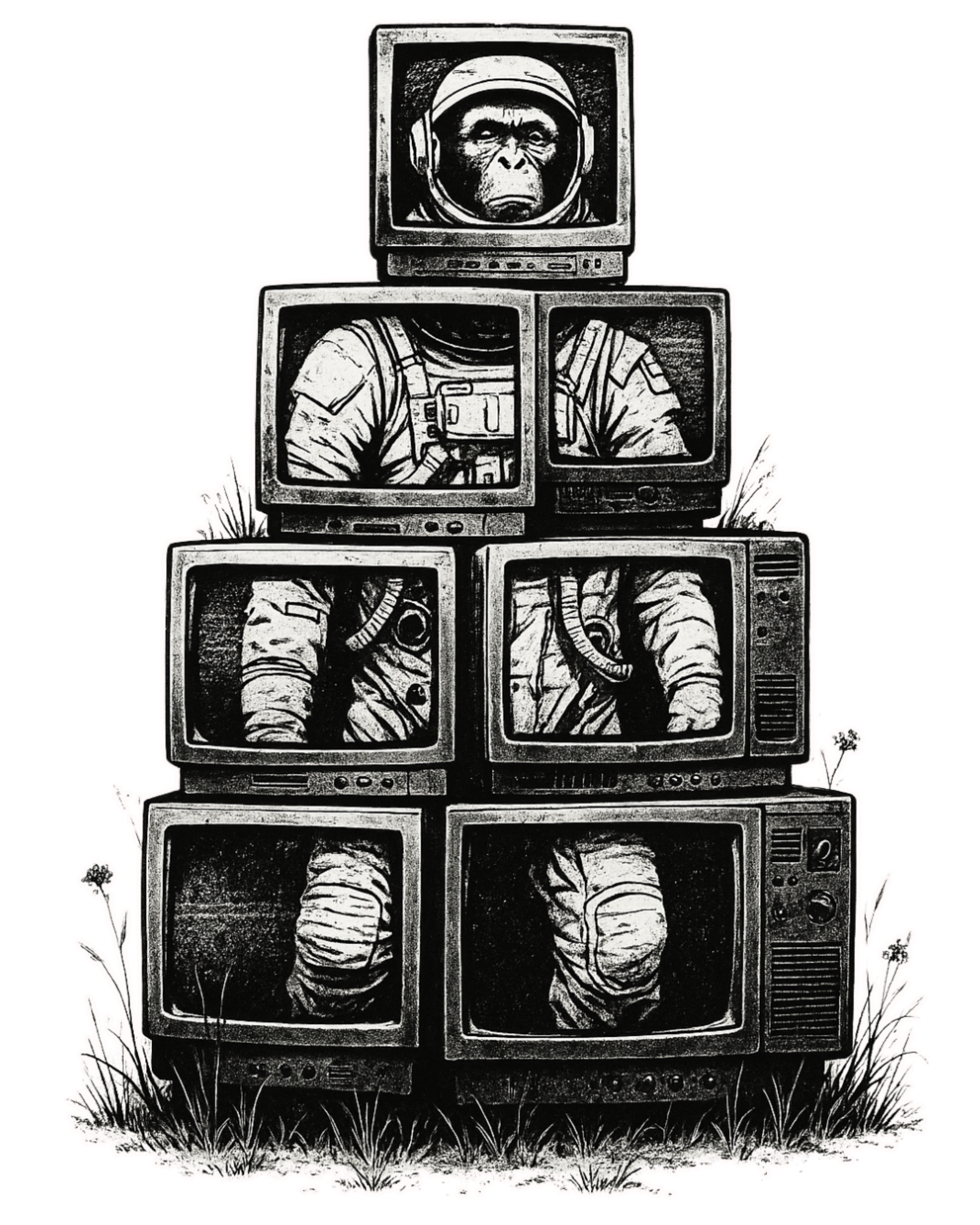 Retro sci-fi monkey graphic t-shirt with boombox and space art aesthetic