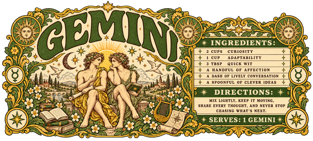Vertical Gemini illustration with classical twins, books, a lyre, suns and a crescent moon, framed by flowers above a personality recipe.