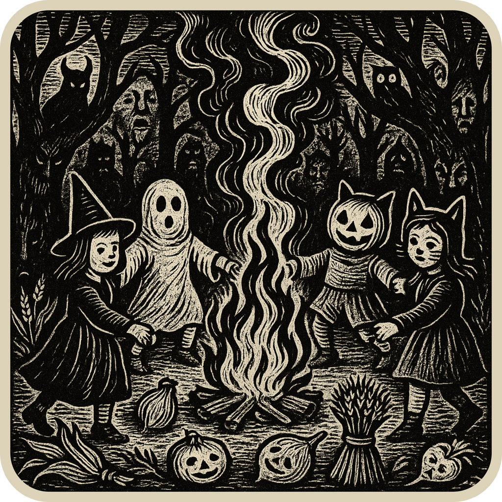 Spooky Halloween bonfire graphic t-shirt inspired by ghost stories and cozy horror vibes