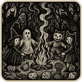 Spooky Halloween bonfire graphic t-shirt inspired by ghost stories and cozy horror vibes