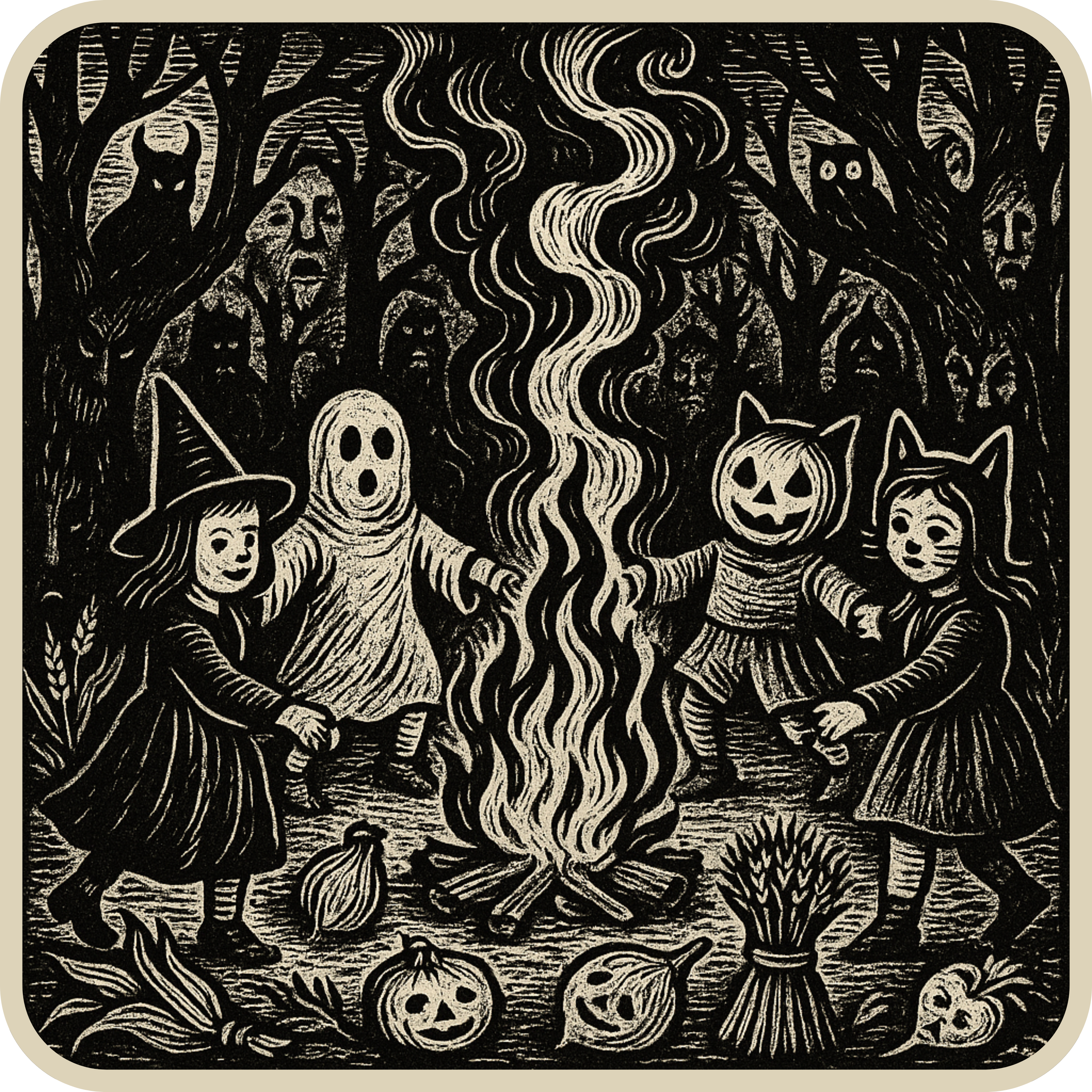 Spooky Halloween bonfire graphic t-shirt inspired by ghost stories and cozy horror vibes
