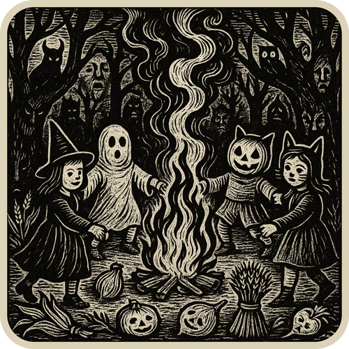 Spooky Halloween bonfire graphic t-shirt inspired by ghost stories and cozy horror vibes
