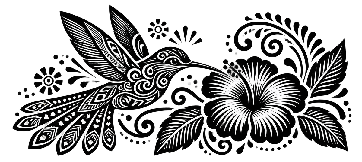 Wide black and white illustration of a patterned hummingbird facing a hibiscus flower, surrounded by leaves, curling vines, and decorative dots.